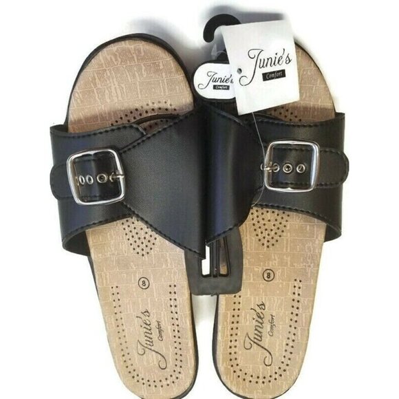 Junies Comfort Slip On Wedge Sandals Womens Size 8 Black Single Buckle - Picture 3 of 5